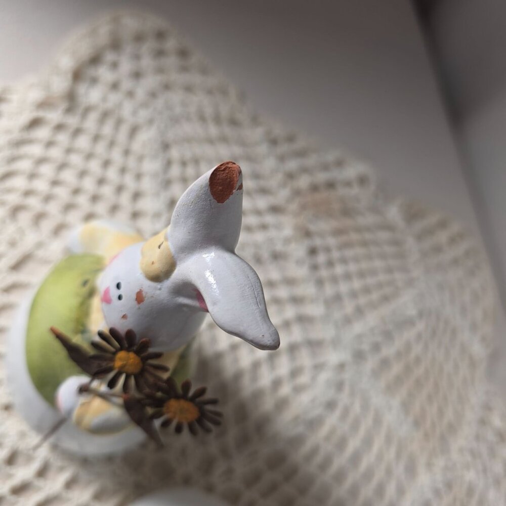 Hand-Painted Ceramic Bunny Figurines With Green Overalls & Sunflower Accents - Picture 3 of 5